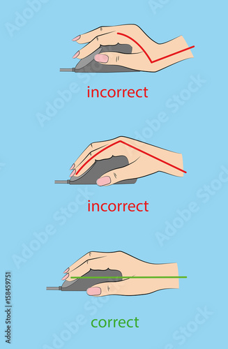 correct and incorrect to hold a computer mouse. vector illustration.