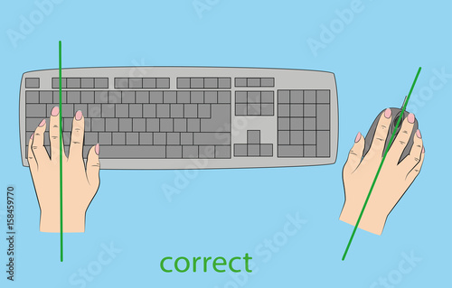 correct and incorrect position of hands to work on the keyboard and mouse. vector illustration.