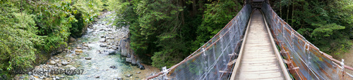 Wooden suspension bridge in the forest panorama