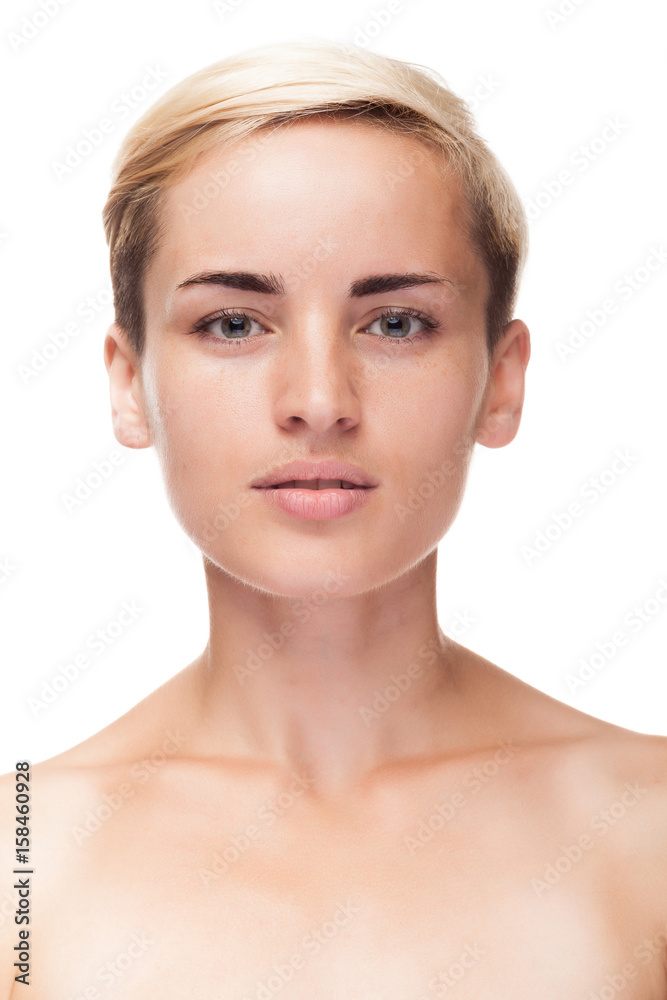 Woman with natural light makeup on white background in studio photo. Clean healthy portrait
