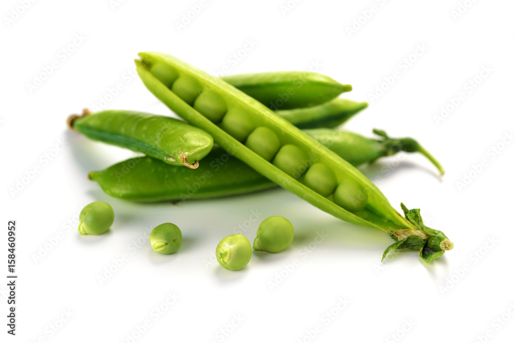 Pods of green peas isolated on a white background. Green ripe fresh vegetables. Legumes. Pods of green peas isolated on a white background. Green ripe fresh vegetables. Legumes.
