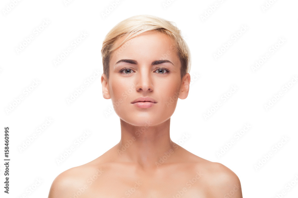 Woman with natural light makeup on white background in studio photo. Clean healthy portrait Woman with natural light makeup on white background in studio photo. Clean healthy portrait