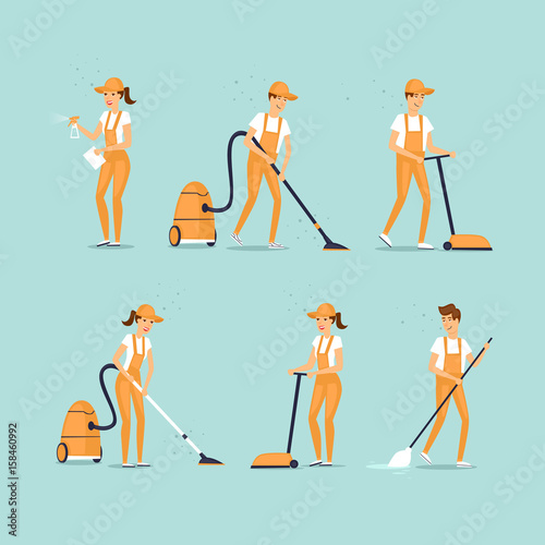 Set of cleaning people. Flat design vector illustration.