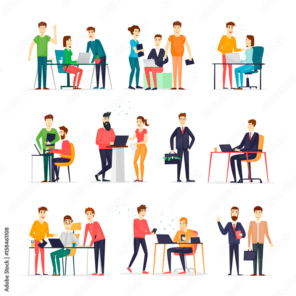 Business characters. Co working people, meeting, teamwork, collaboration and discussion, conference table, brainstorm. Workplace. Office life. Flat design vector illustration.