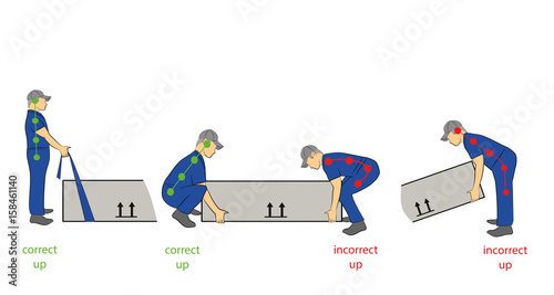 Correct posture for the safe lifting of a heavy object. Health care. Hand drawn cartoon vector illustration for design and infographics. 