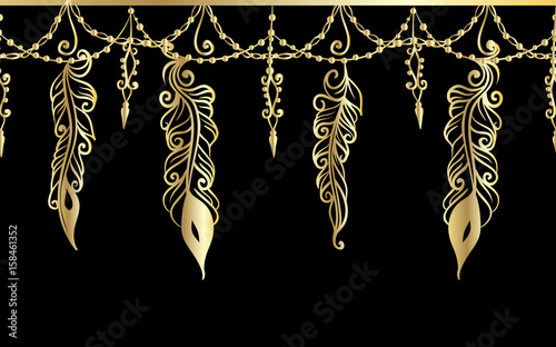 Seamless border with Chains and feathers - gold line art on a black background