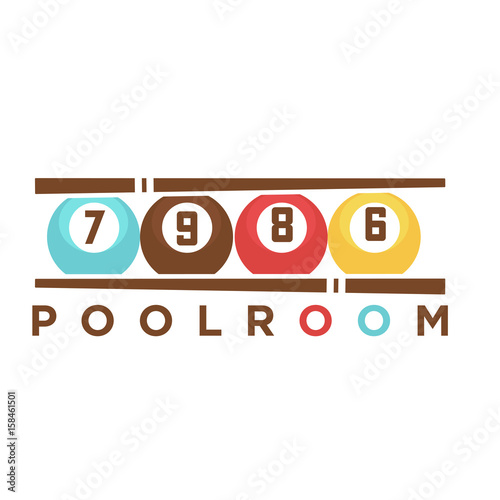 Billiard club poolroom vector label template of pool cues and balls
