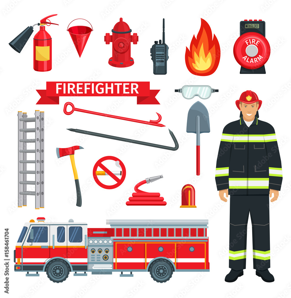 Fototapeta premium Profession of fireman or firefighter vector tools