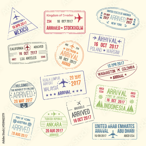 Vector icons of travel city passport stamp