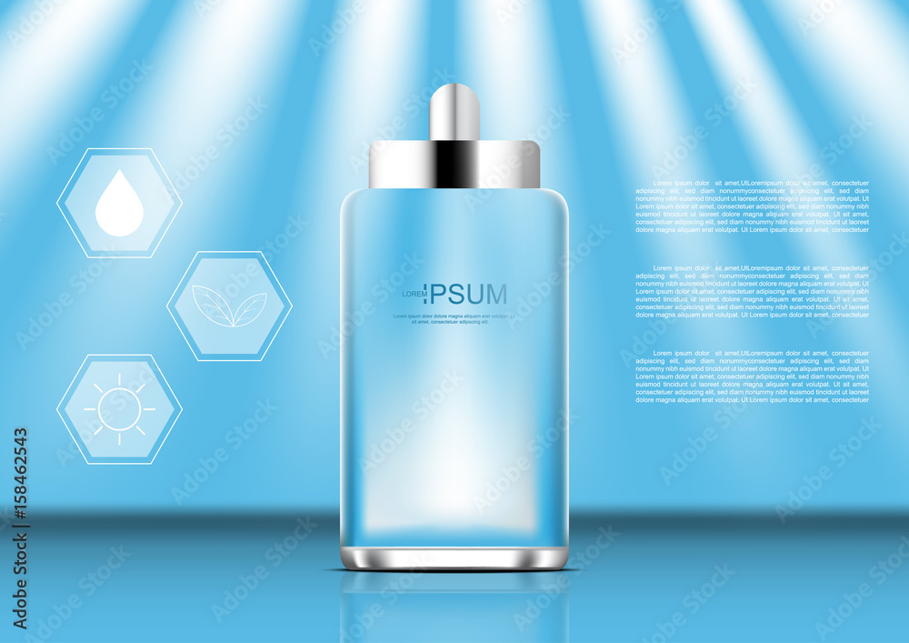 Serum and hexagon symbols with template and shining light on blue background vector cosmetic ads Serum and hexagon symbols with template and shining light on blue background vector cosmetic ads