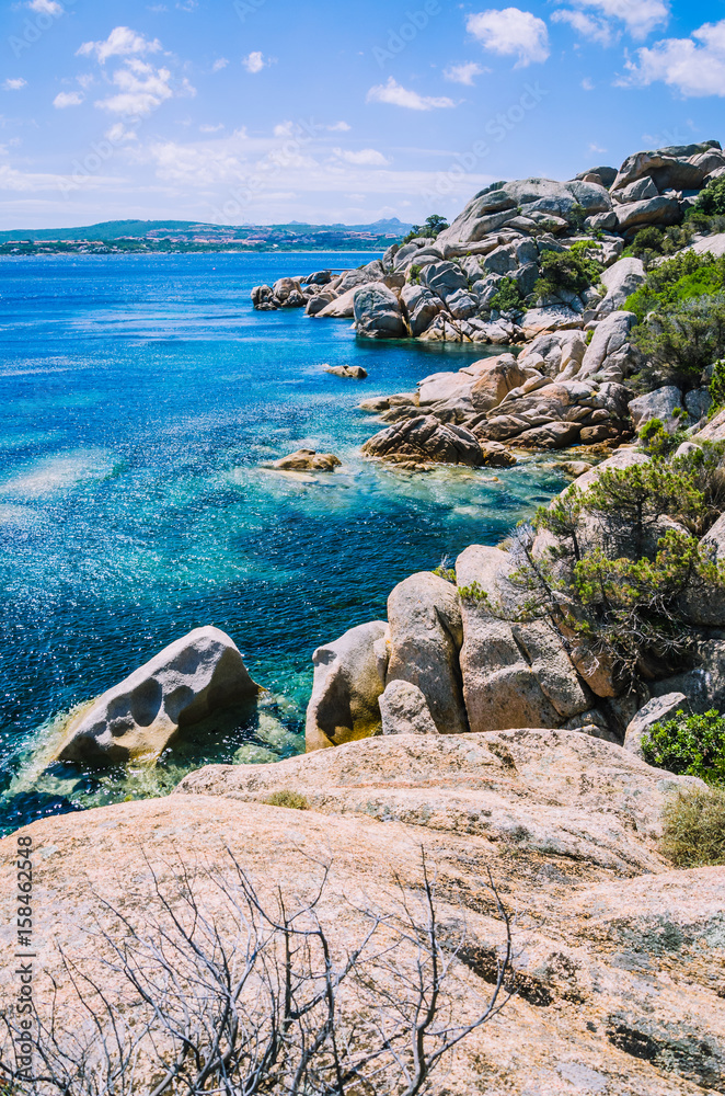 Bizarre granite rocks formation and clear azure sea on beautiful Sardinia island, Sargedna, Italy