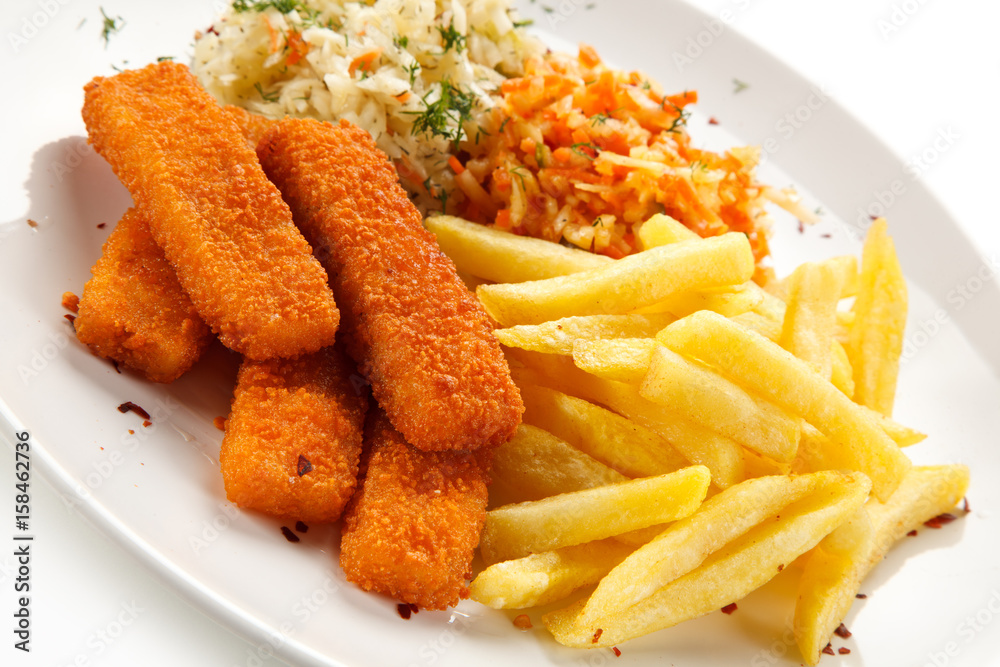 Fried fish sticks with french fries on white background Fried fish sticks with french fries on white background