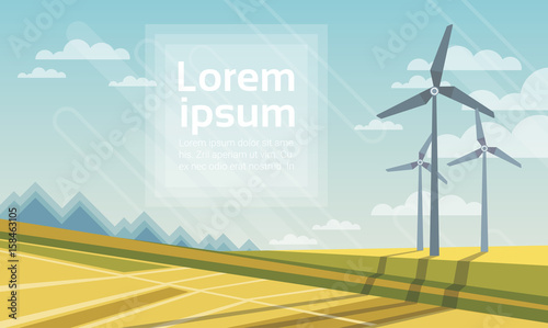 Wind Turbine Tower In Field Blue Sky Alternative Energy Source Technology Flat Vector Illustration