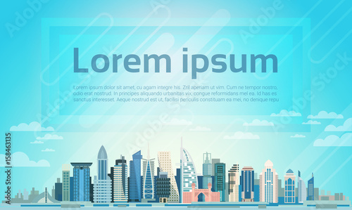 Dubai City Skyscraper View Cityscape Background Skyline with Copy Space Flat Vector Illustration