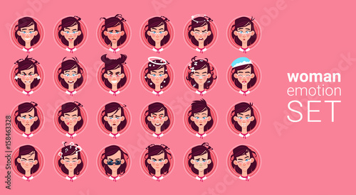 Profile Icon Female Different Emotion Set Avatar, Woman Cartoon Portrait Face Collection Flat Vector Illustration