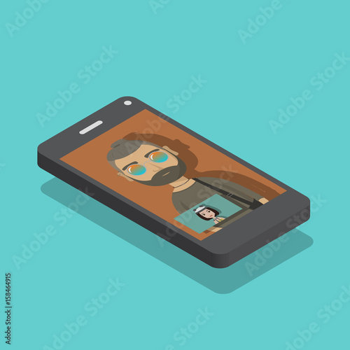 Illustration of a smart phone with a video conference in the screen.