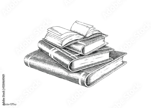 Books stack hand drawing vintage style black and white line
