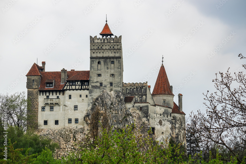 Bran castle, Transylvania, Romania. Dracula castle in spring season. Discover Romania concept.