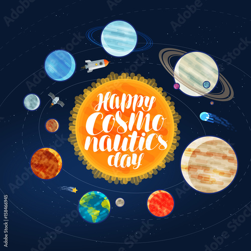 Happy cosmonautics day, banner. Outer space, cosmos, galaxy, planets and stars concept. Cartoon vector illustration