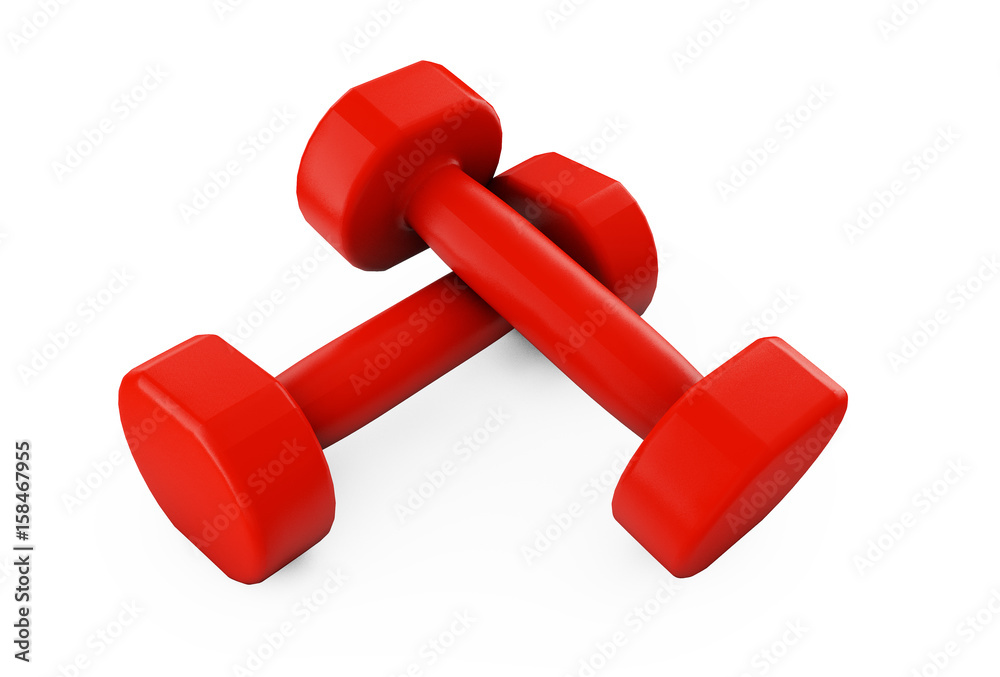 Two red rubber or plastic coated fitness dumbbells isolated on white background. 3D illustration Two red rubber or plastic coated fitness dumbbells isolated on white background. 3D illustration