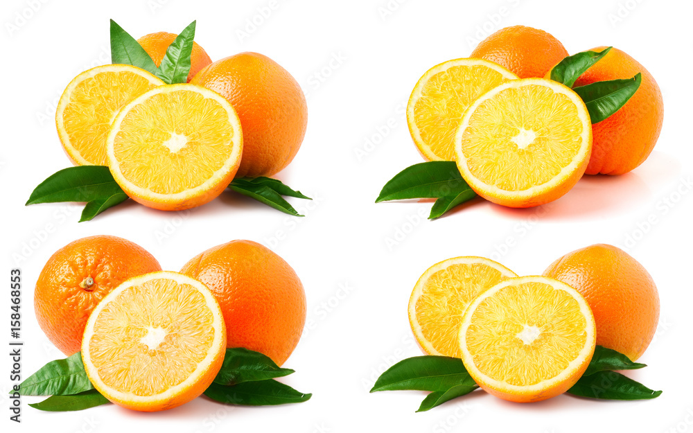 orange with leaves isolated on white background. Set or collection orange with leaves isolated on white background. Set or collection