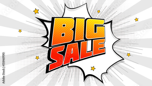 Big sale pop art splash background, explosion in comics book style. Advertising signboard, price reduction, sale with halftone dots, cloud beams light on red backdrop. Vector for ad, covers, posters.