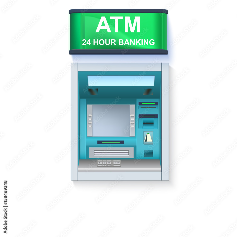 Bank Cash Machine. ATM - Automated teller machine with blank screen and carefully drawn details on white backdrop. Template for flyers, cover, presentation or poster. Bank Cash Machine. ATM - Automated teller machine with blank screen and carefully drawn details on white backdrop. Template for flyers, cover, presentation or poster.
