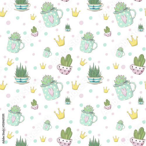 Vector seamless pattern with small succulents in teacups.Haworthia,aloe vera,echeveria and crowns.Design for greeting cards,wrapper,fabric and other for fans of succulents,childrens and not only