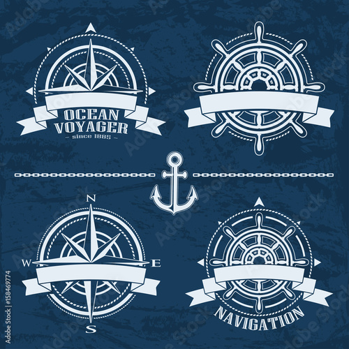 Set of vintage nautical design elements. Vector illustration logos set.