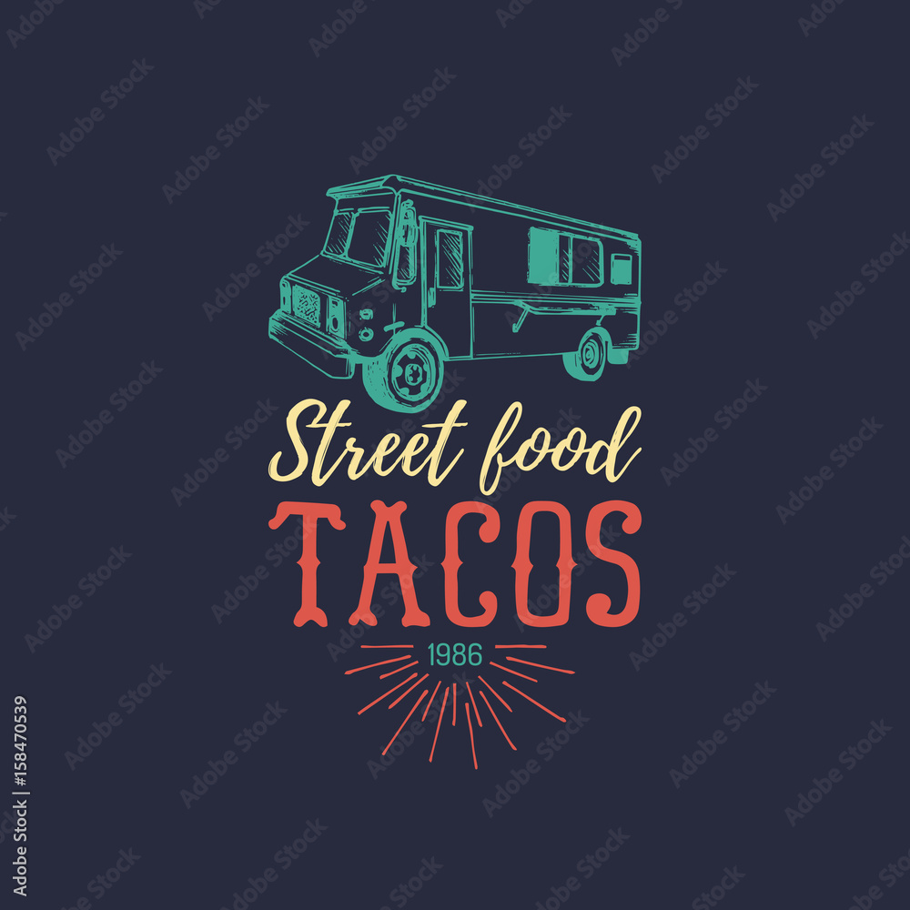 Vector vintage mexican food truck poster. Tacos icon. Retro hand drawn hipster street snack car illustration