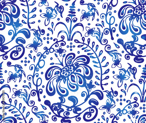 Traditional russian vector seamless pattern in Gzhel style.Hand drawn tracery.Pastiche of famous blue ornament painting
