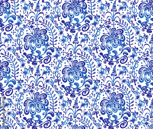 Traditional russian vector seamless pattern in Gzhel style.Hand drawn tracery.Pastiche of famous blue ornament painting