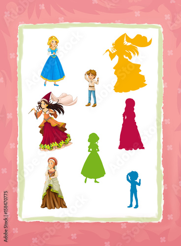 cartoon page with medieval characters queen or princess and young boy / game with shapes