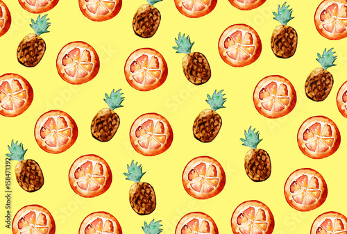 Beautiful pattern with hand drawn elements - cute pineapples and orange slices watercolor on yellow background. Illustration.