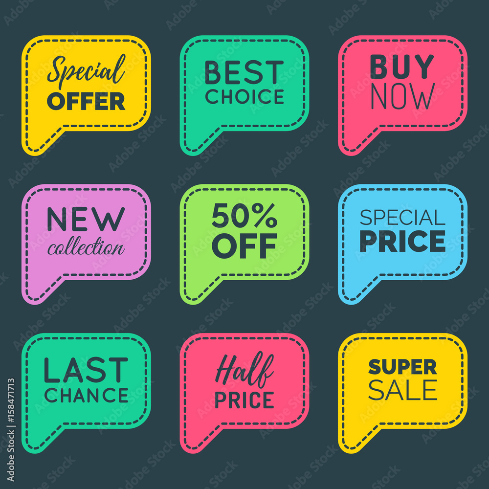 Obraz premium Vector hand drawn set of speech bubbles with sale phrases. Discount card collection, Buy Now,Half Price,Last Chance etc.