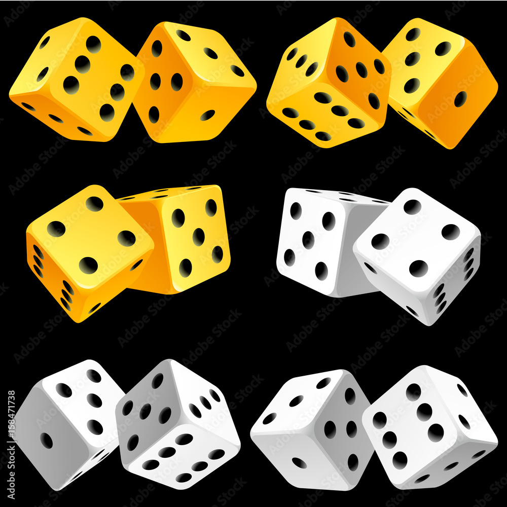 Vector Casino Dice Set of Authentic Icons. Yellow and White Pair of Poker Cubes Isolated on Black Background. 3d Board Game Pieces Vector Casino Dice Set of Authentic Icons. Yellow and White Pair of Poker Cubes Isolated on Black Background. 3d Board Game Pieces