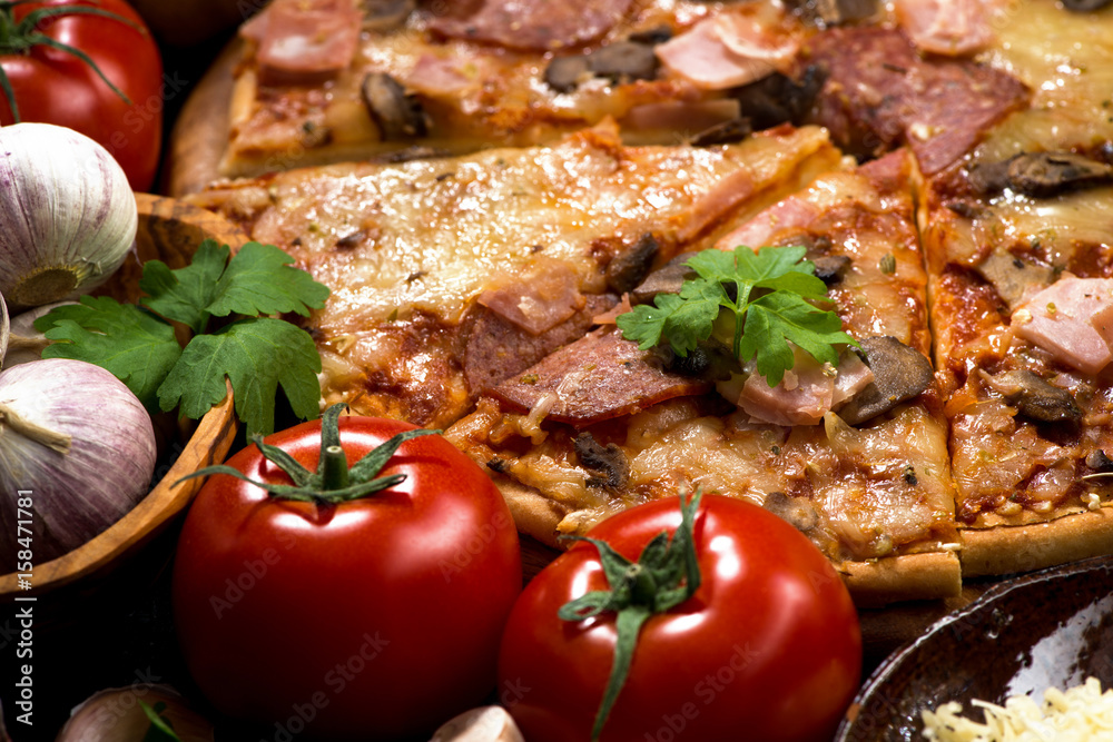 pizza with sausage and cheese and variety of ingredients, selective focus, closeup pizza with sausage and cheese and variety of ingredients, selective focus, closeup