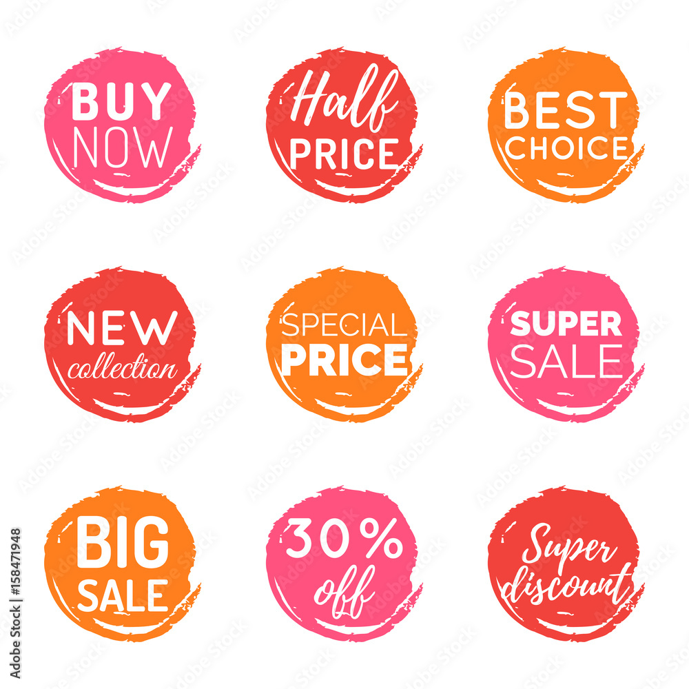 Vector hand drawn set of speech bubbles with sale phrases. Discount card collection, Buy Now,Half Price,Last Chance etc.