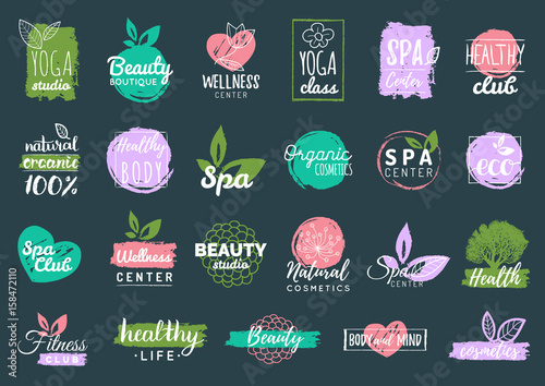 Vector health and beauty care labels. Spa, yoga centers badges. Wellness signs. Hand drawn tags and elements.