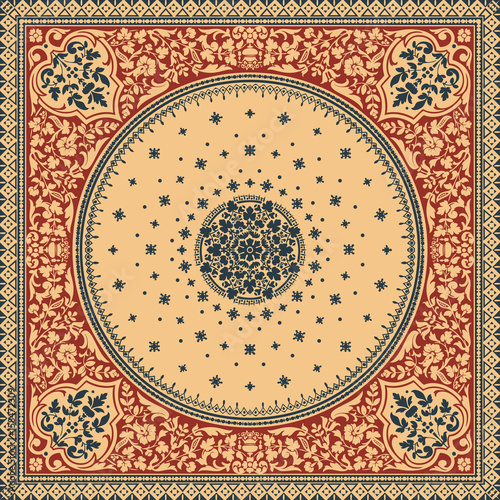 Victorian floral paisley medallion ornamental rug vector. Ethnic mandala towel frame. Vintage flower tile. Textile, greeting business card, coloring book, phone case print