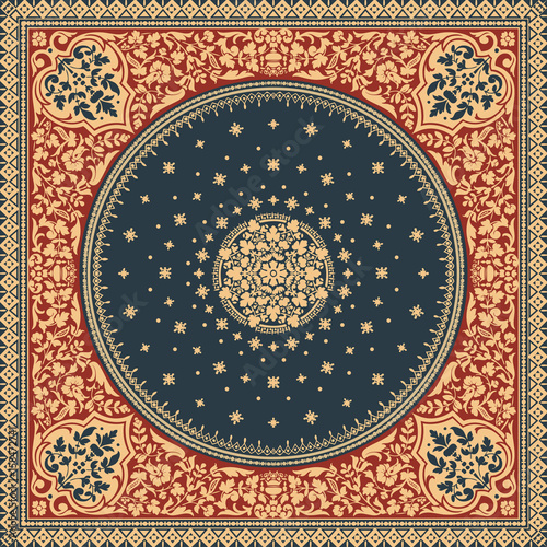 Victorian floral paisley medallion ornamental rug vector. Ethnic mandala towel frame. Vintage flower tile. Textile, greeting business card, coloring book, phone case print
