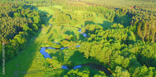 Aerial view of river valley in beautiful sunset light photo