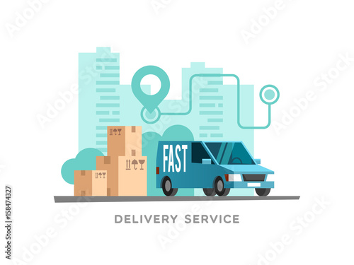 Concept of the delivery service. Vector Illustration of fast shipping. Truck van on city background.