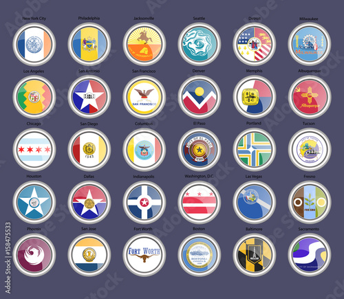 Set of icons. Cities of the USA flags.