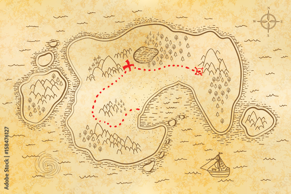 Ancient pirate map on old paper with red path to treasure