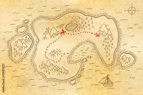 Obraz na plátně Ancient pirate map on old paper with red path to treasure