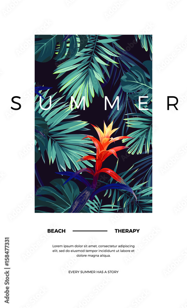 Fototapeta premium Floral vertical postcard design with guzmania flowers, monstera and royal palm leaves. Exotic hawaiian vector background.