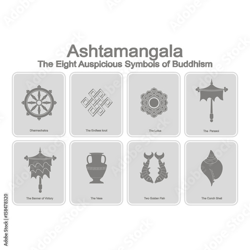 monochrome icons set with Eight Auspicious Symbols of Buddhism for your design