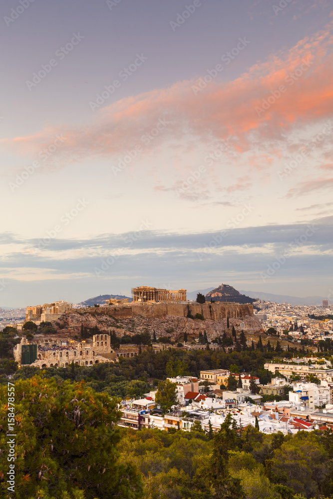 Acropolis and view of the city of Athens, Greece. 
