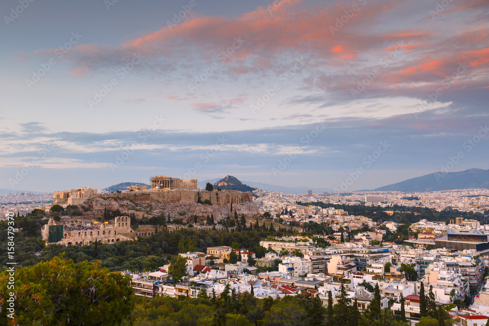 Acropolis and view of the city of Athens, Greece. 
